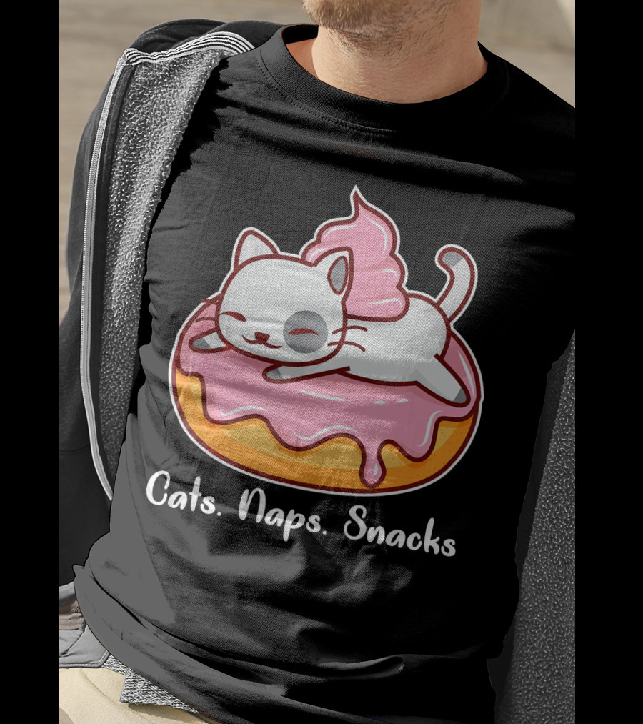Cats Naps Snacks With Cute Kitty On Pink Icing Donut T-Shirt