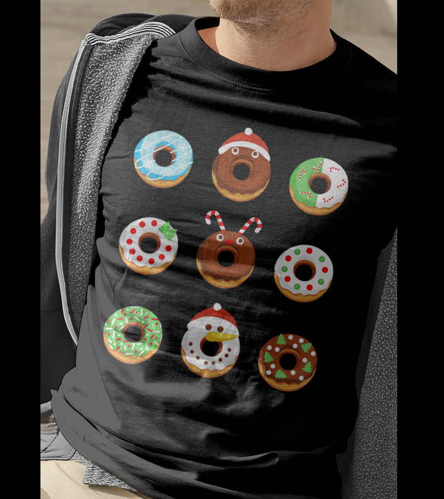 Christmas Donut Snowflakes Santa Candy Canes Holly Wreath Trees Snowman T-Shirt