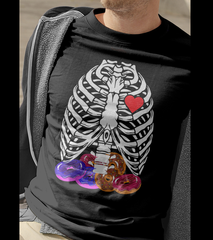 Funny Halloween Rib Cage Skeleton With Heart And Colorful Donuts T-Shirt