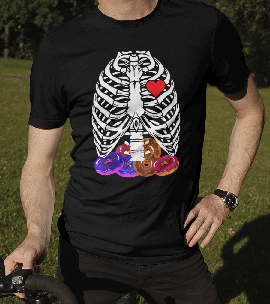 Funny Halloween Rib Cage Skeleton With Heart And Colorful Donuts T-Shirt