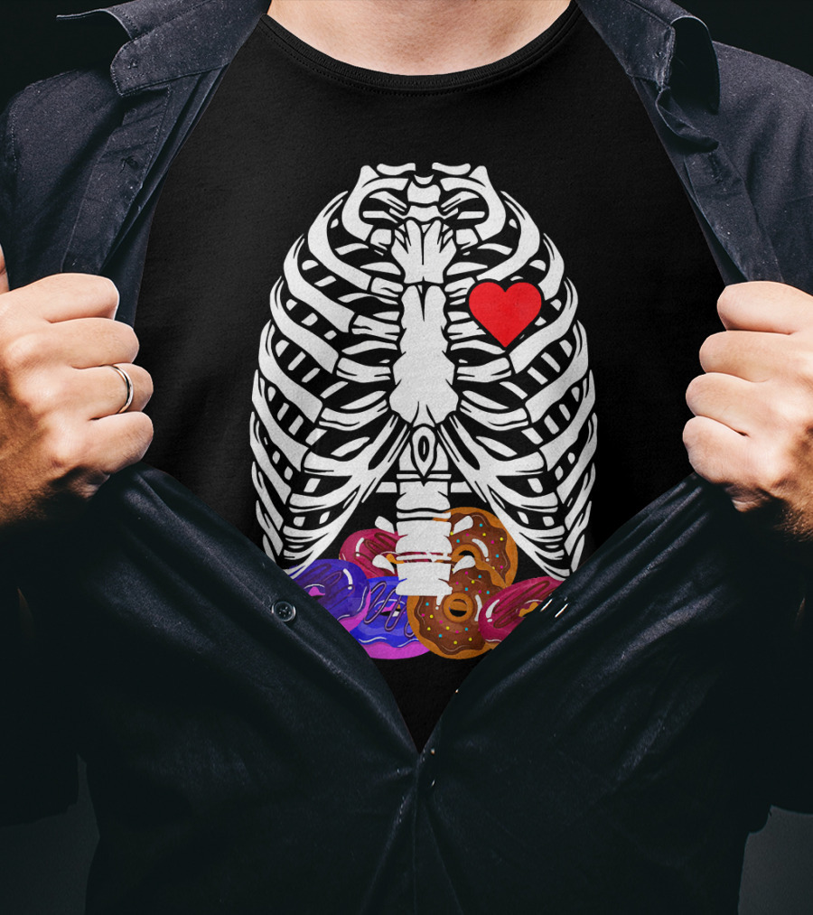Funny Halloween Rib Cage Skeleton With Heart And Colorful Donuts T-Shirt