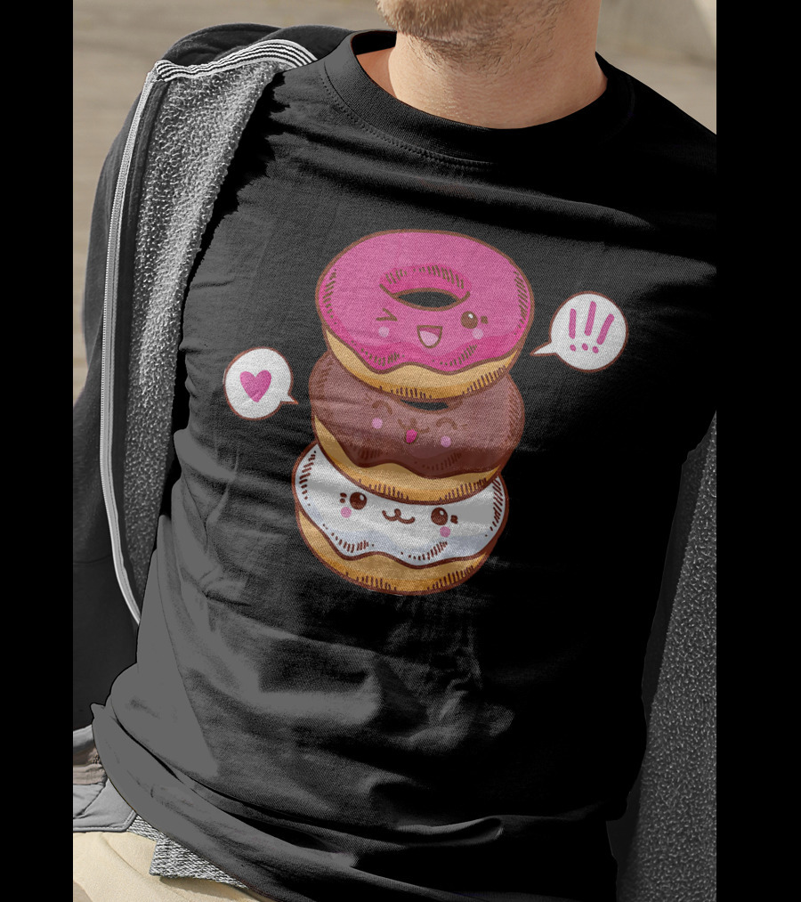 Kawaii Cheerleading Donut Stack With Cute Expressions And Heart Speech Bubbles T-Shirt