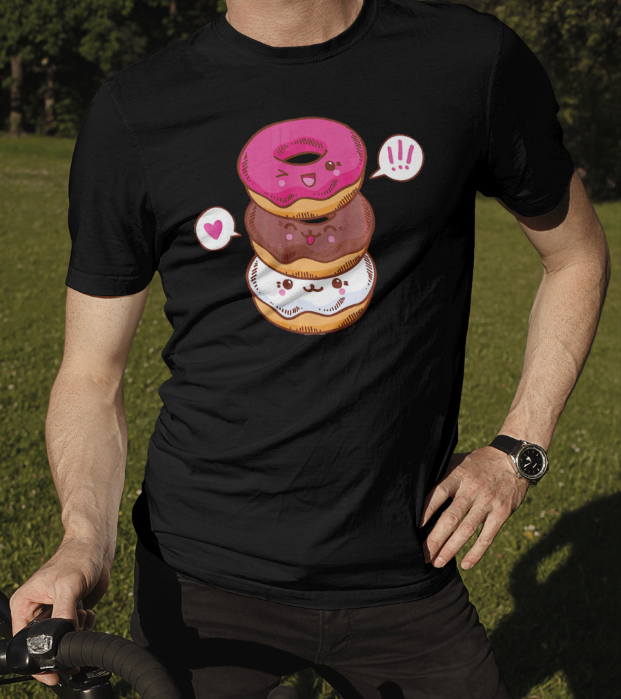 Kawaii Cheerleading Donut Stack With Cute Expressions And Heart Speech Bubbles T-Shirt