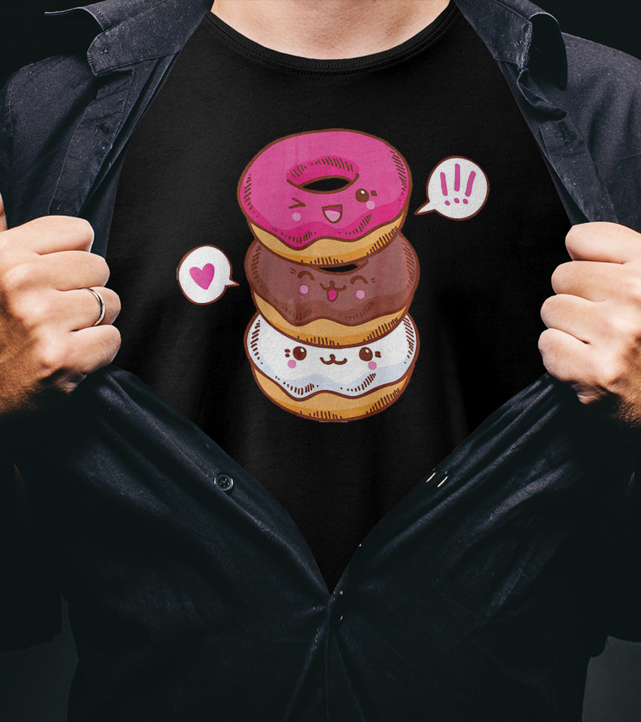 Kawaii Cheerleading Donut Stack With Cute Expressions And Heart Speech Bubbles T-Shirt