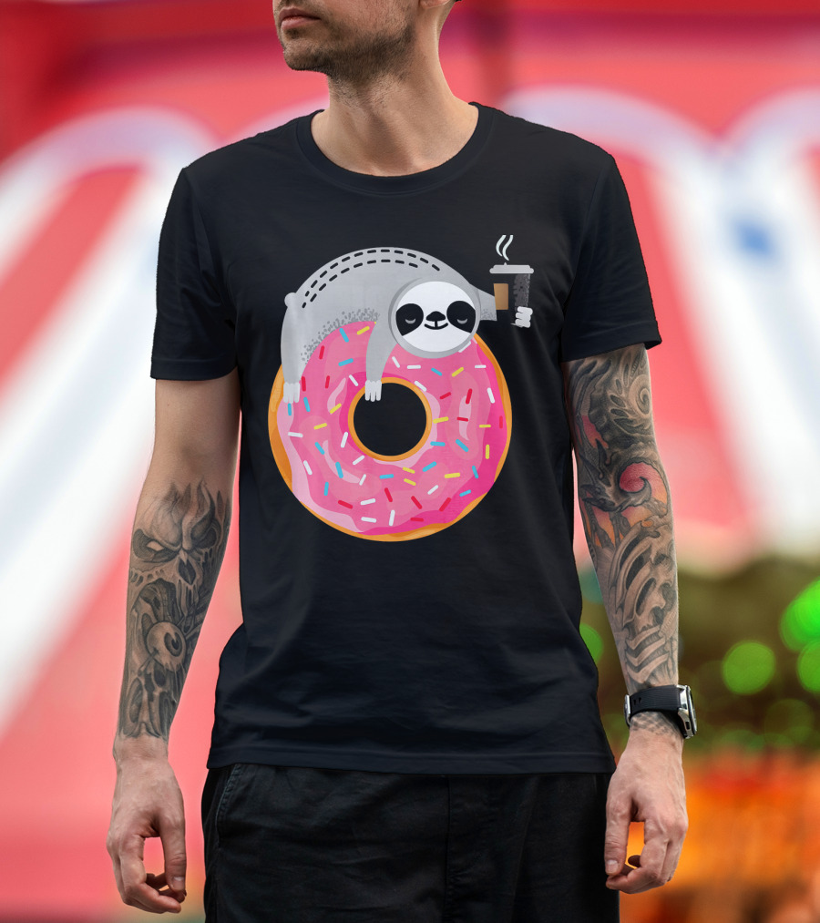 Sloth Relaxing on Sprinkled Donut Holding Steaming Coffee Cup T-Shirt
