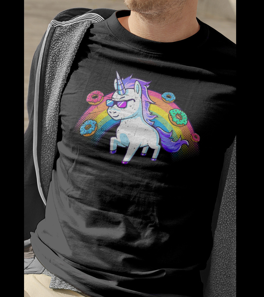 Donut Unicorn In Sunglasses With Rainbow T-Shirt