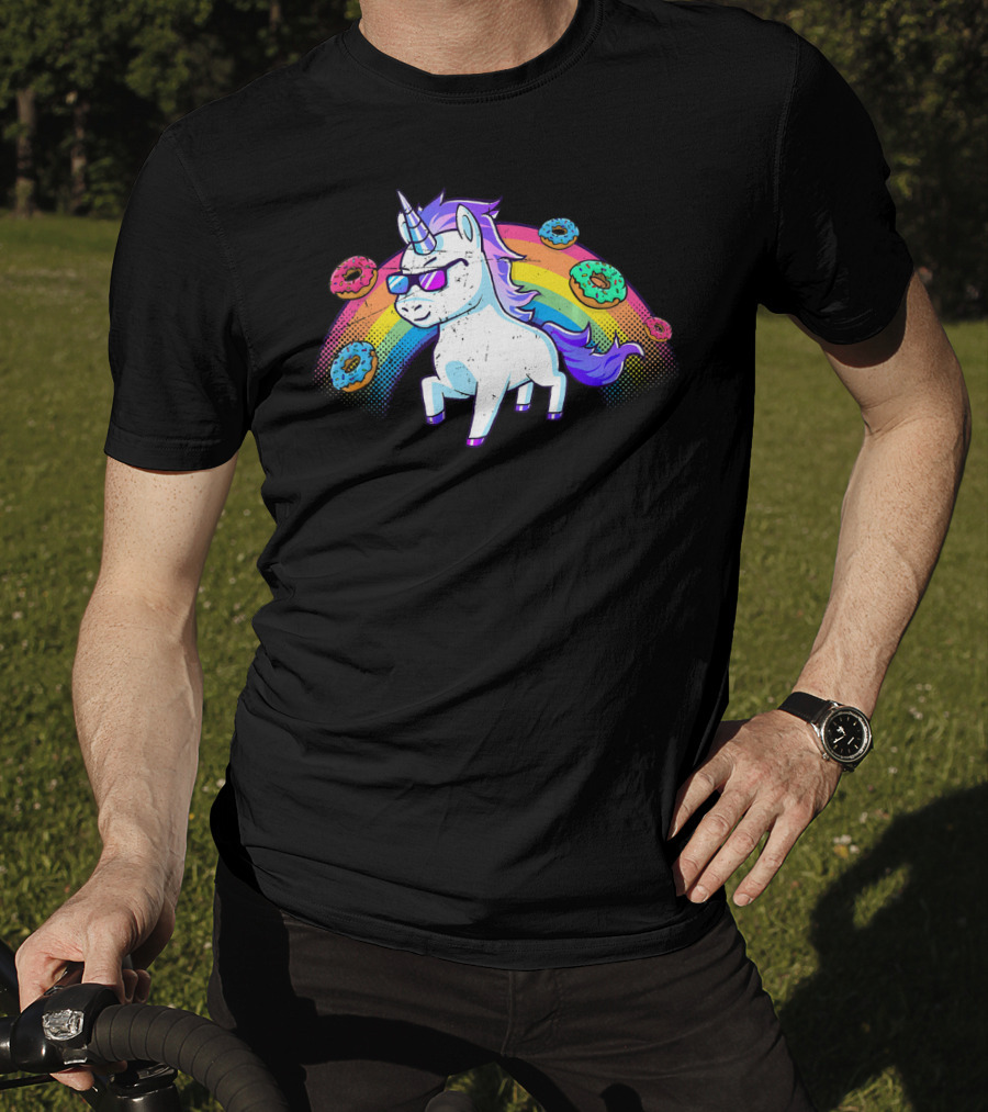 Donut Unicorn In Sunglasses With Rainbow T-Shirt