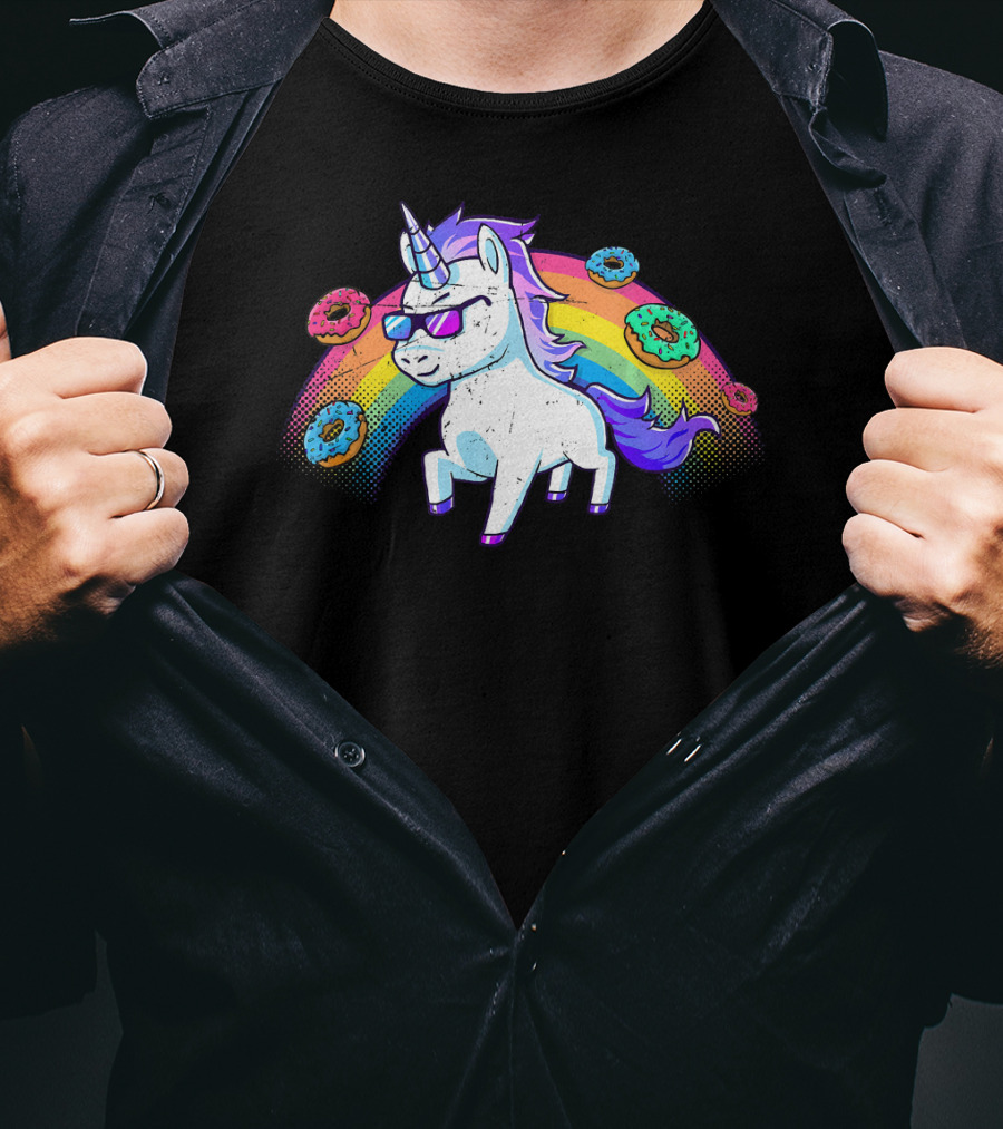 Donut Unicorn In Sunglasses With Rainbow T-Shirt