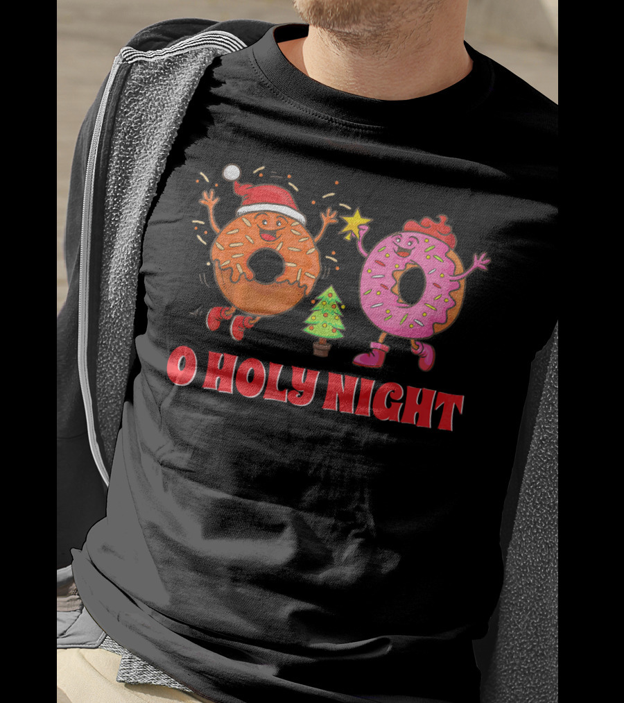 O Holy Night Christmas Donuts With Santa Hat And Tree T-Shirt
