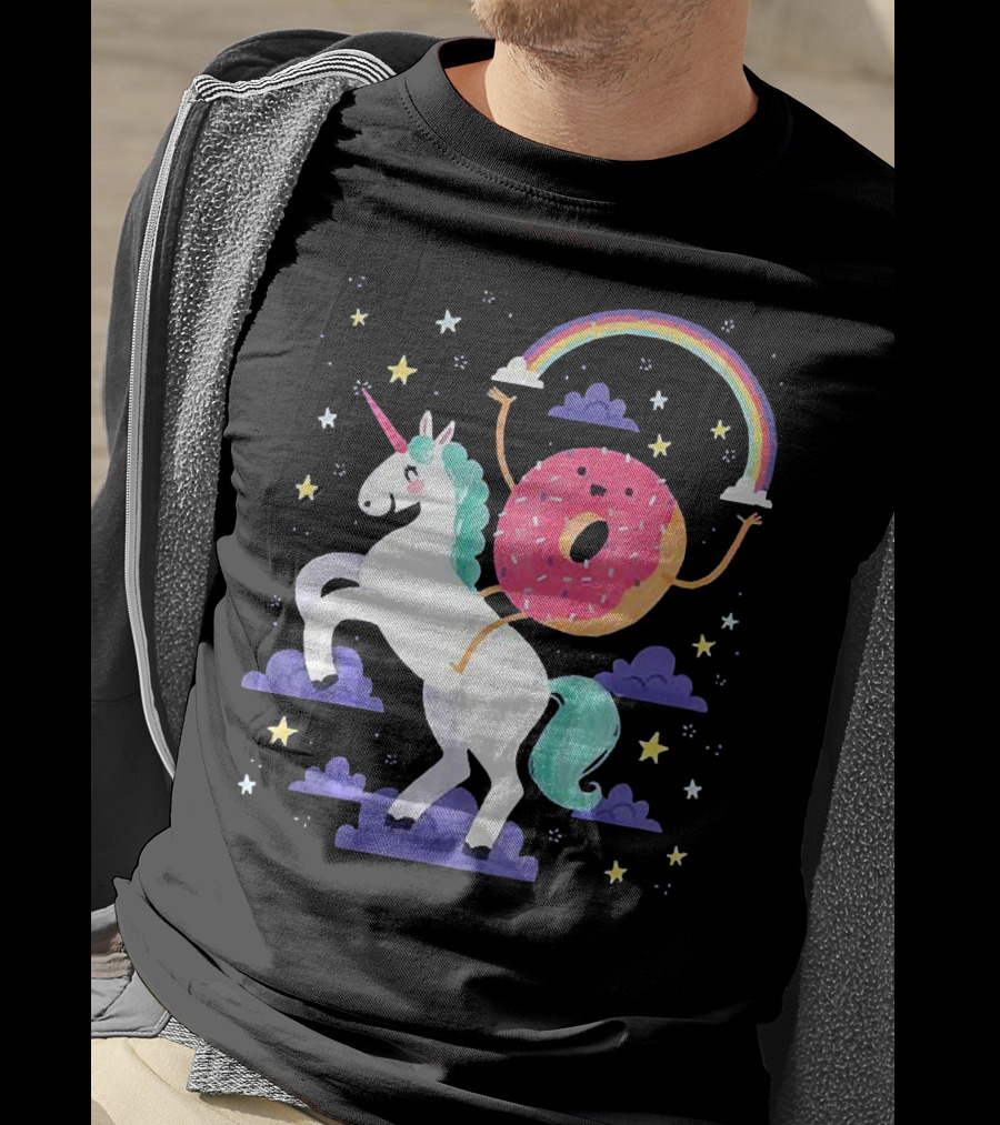 Donut Riding Unicorn With Rainbow And Stars T-Shirt
