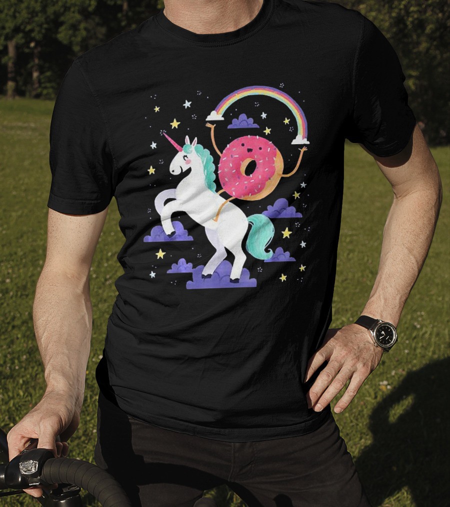 Donut Riding Unicorn With Rainbow And Stars T-Shirt