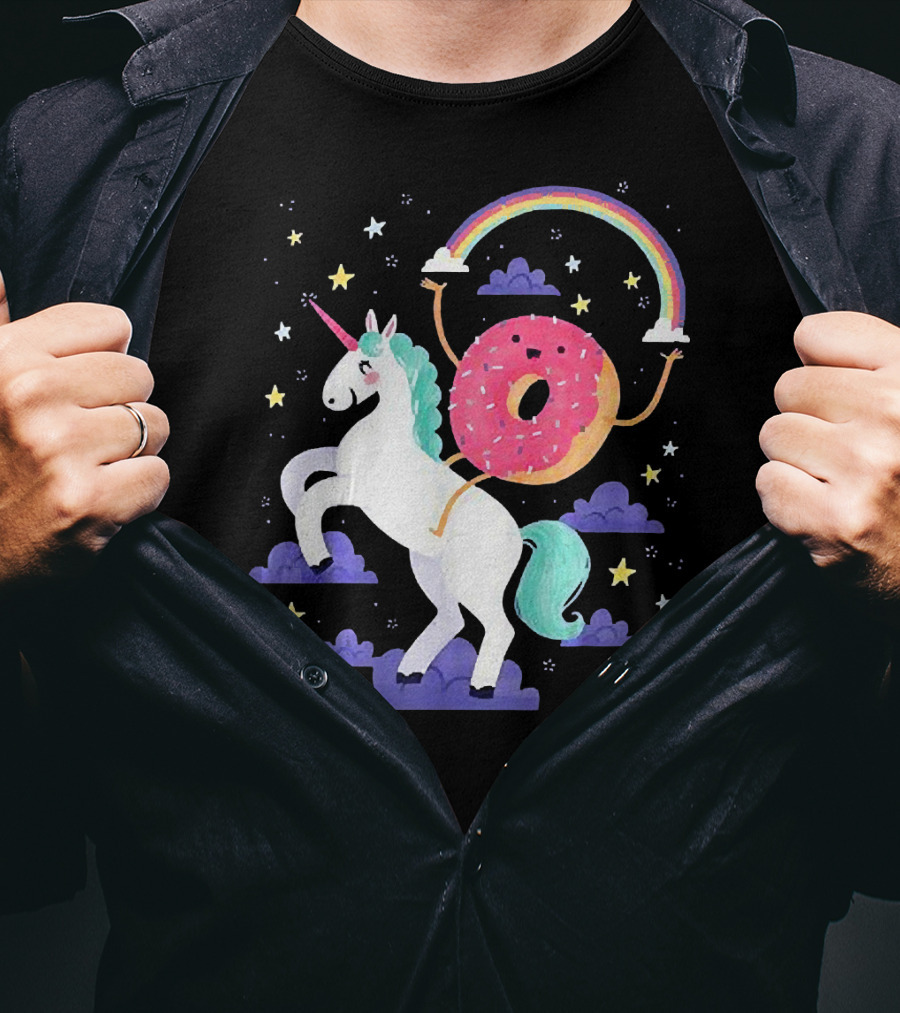 Donut Riding Unicorn With Rainbow And Stars T-Shirt