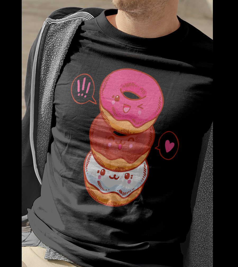 Kawaii Donuts Stack With Cute Faces And Heart T-Shirt