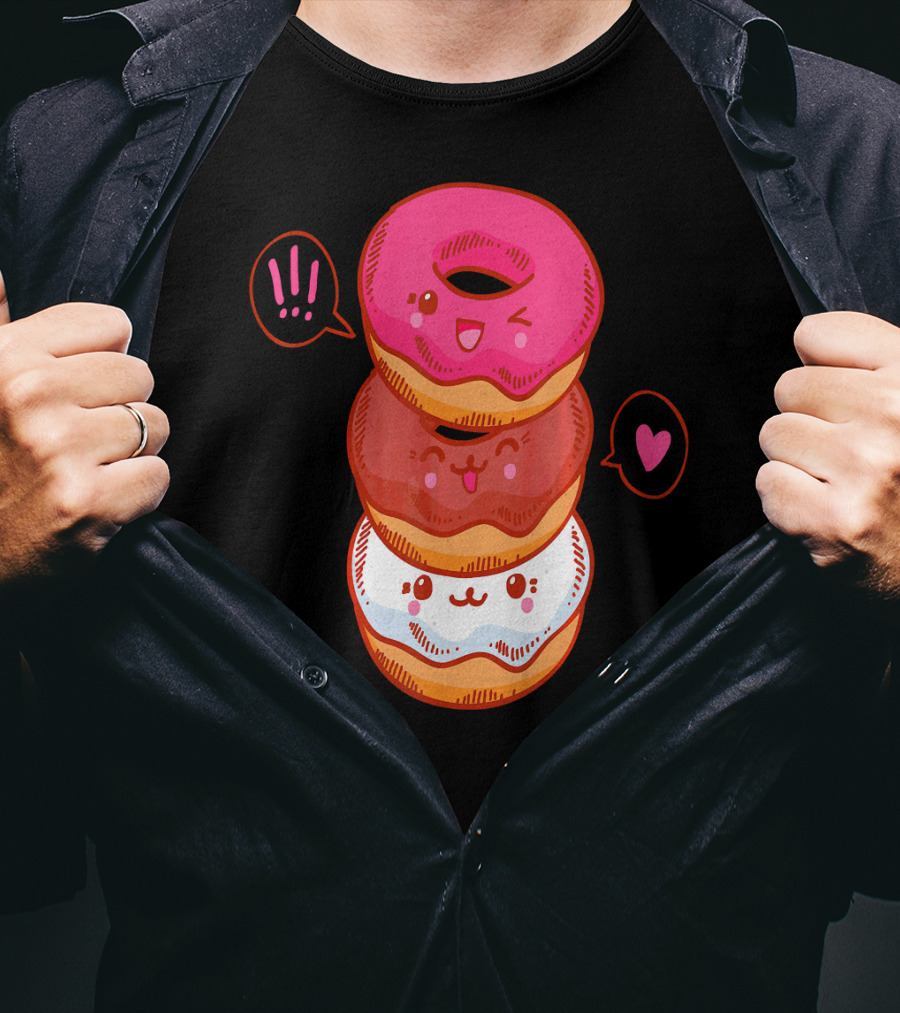 Kawaii Donuts Stack With Cute Faces And Heart T-Shirt