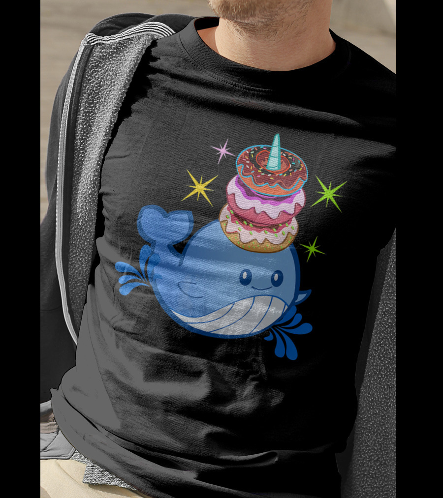 Cute Narwhal Balancing Colorful Donuts T-Shirt