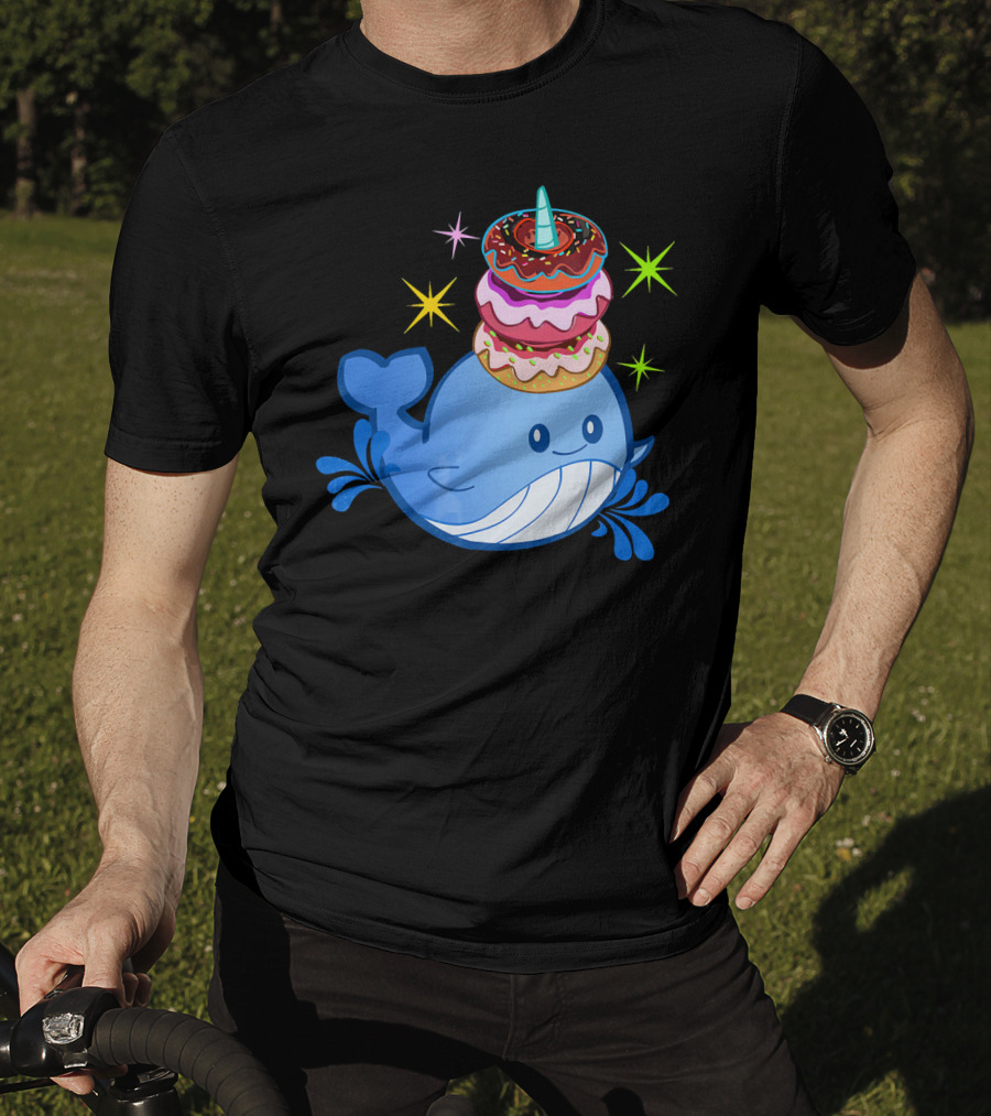 Cute Narwhal Balancing Colorful Donuts T-Shirt