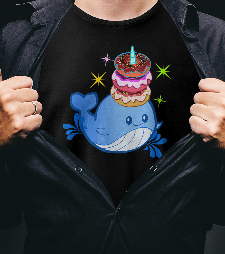 Cute Narwhal Balancing Colorful Donuts T-Shirt