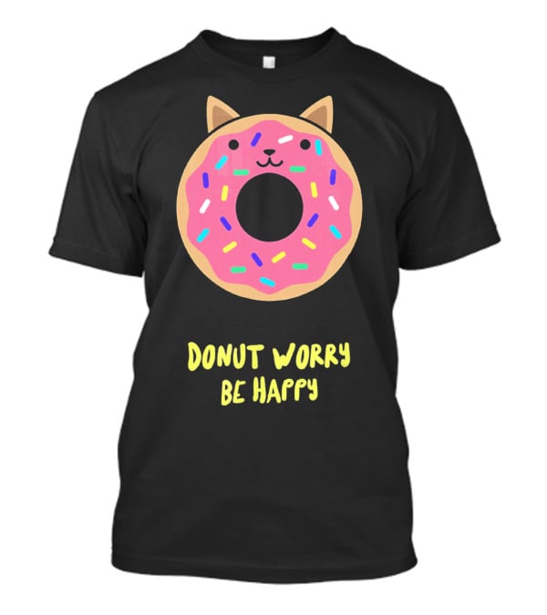 Kawaii Japanese Anime Pink Sprinkle Cat Donut Worry Be Happy T-Shirt