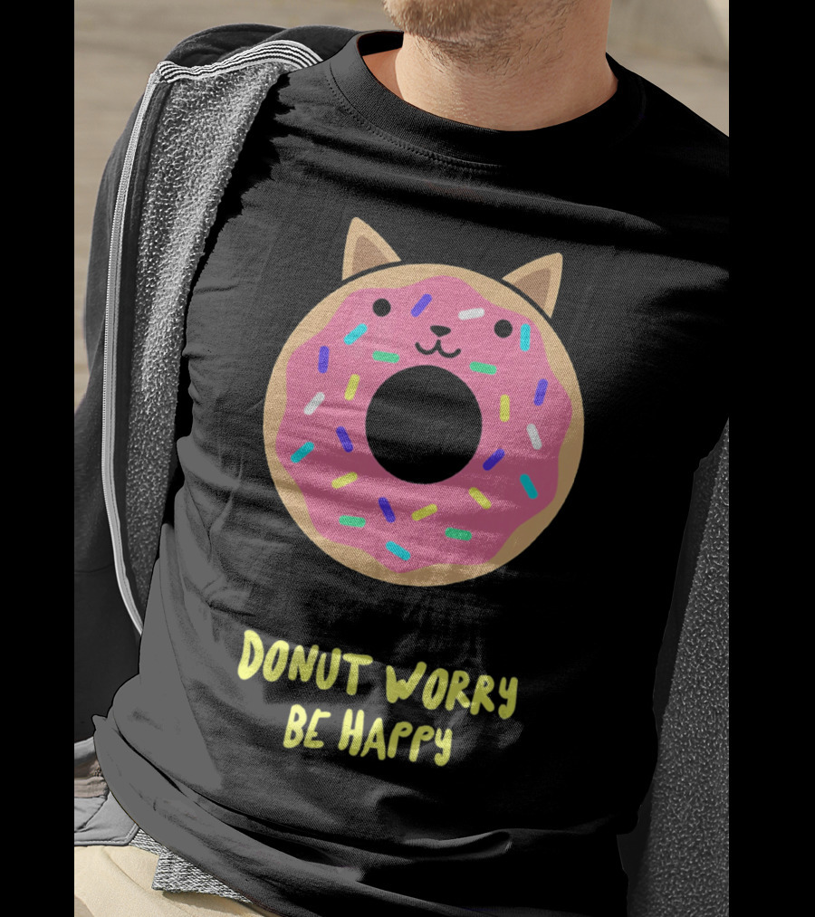 Kawaii Japanese Anime Pink Sprinkle Cat Donut Worry Be Happy T-Shirt