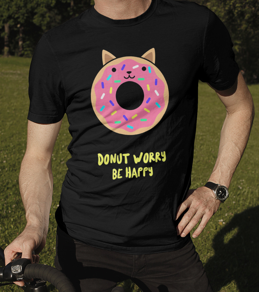 Kawaii Japanese Anime Pink Sprinkle Cat Donut Worry Be Happy T-Shirt