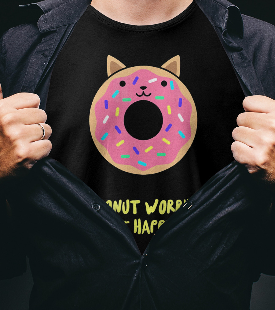 Kawaii Japanese Anime Pink Sprinkle Cat Donut Worry Be Happy T-Shirt
