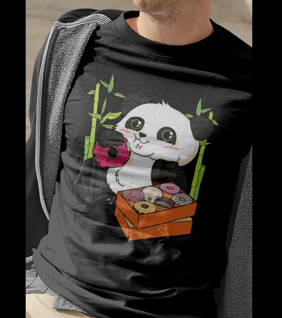 Panda Enjoying Box Of Colorful Donuts With Bamboo Background T-Shirt