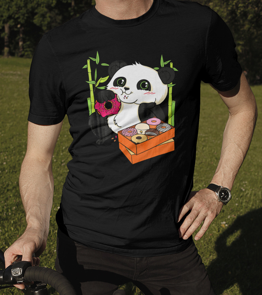Panda Enjoying Box Of Colorful Donuts With Bamboo Background T-Shirt