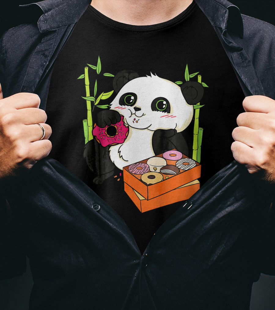 Panda Enjoying Box Of Colorful Donuts With Bamboo Background T-Shirt