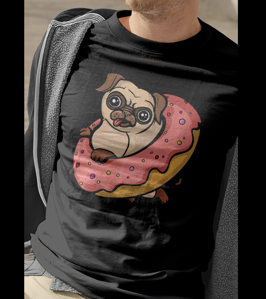 Pug Dog With Pink Frosted Donut Lover T-Shirt