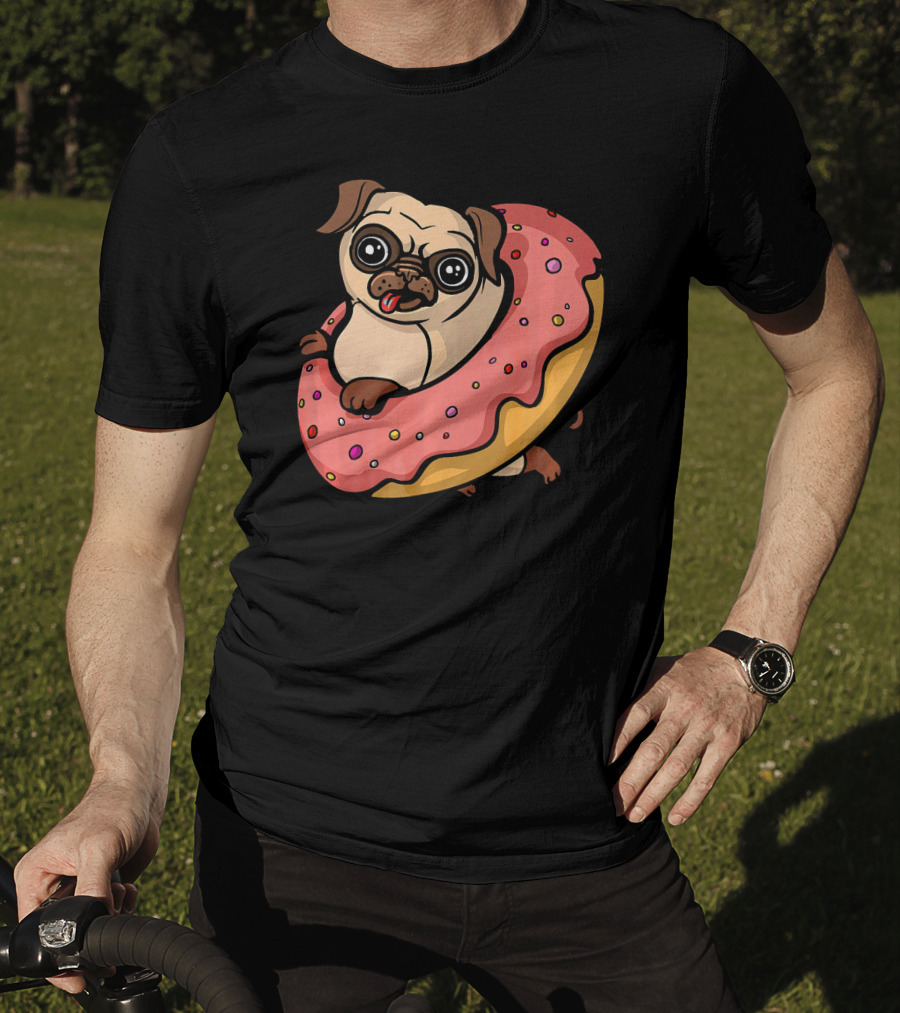 Pug Dog With Pink Frosted Donut Lover T-Shirt