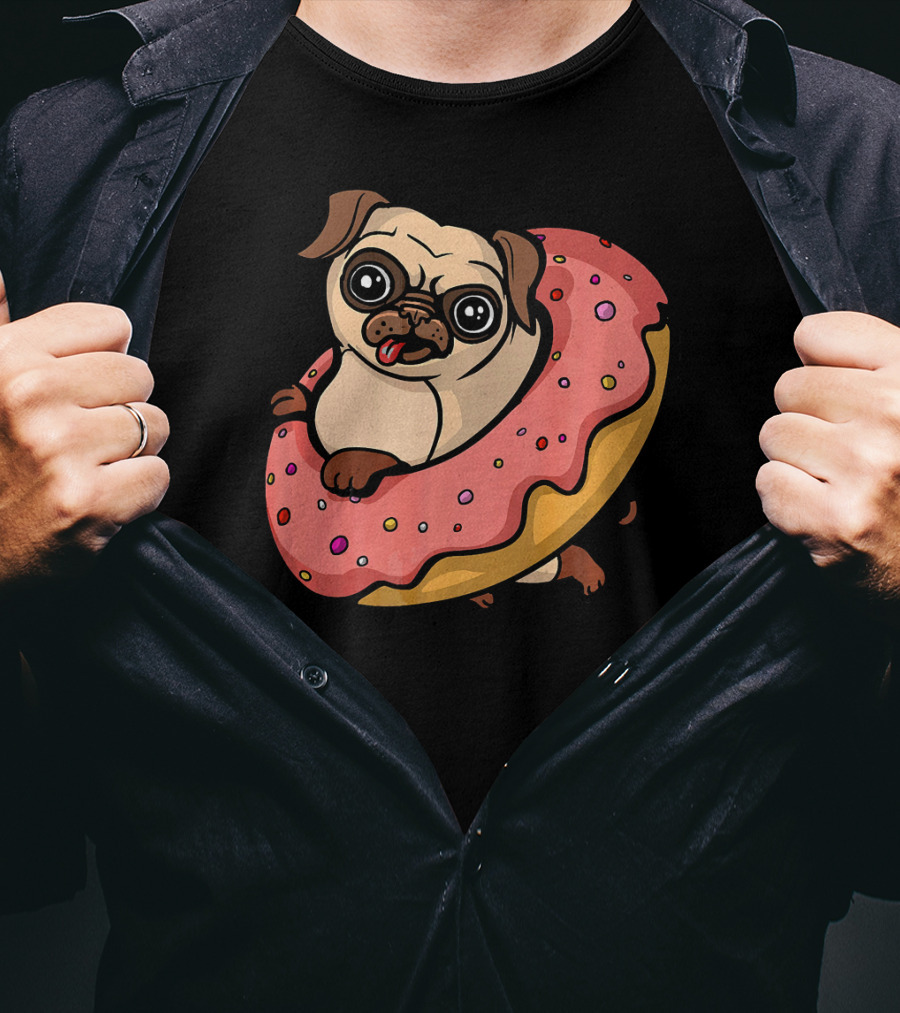 Pug Dog With Pink Frosted Donut Lover T-Shirt