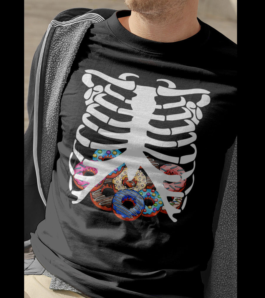 Halloween Skeleton Ribcage With Colorful Donut Food T-Shirt