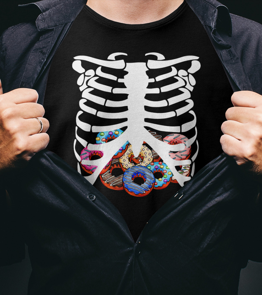 Halloween Skeleton Ribcage With Colorful Donut Food T-Shirt