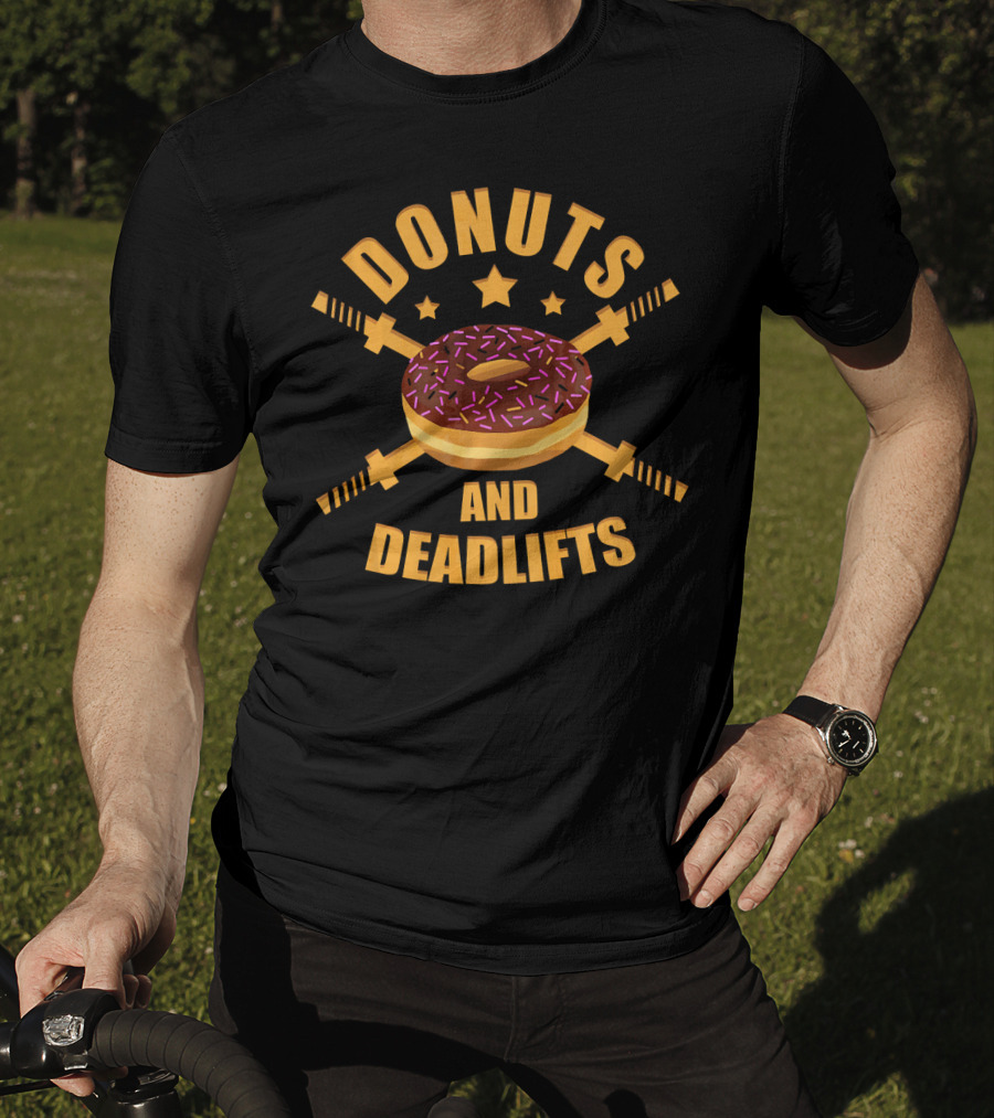 Donuts And Deadlifts Funny Workout Doughnut With Barbell Crossed T-Shirt