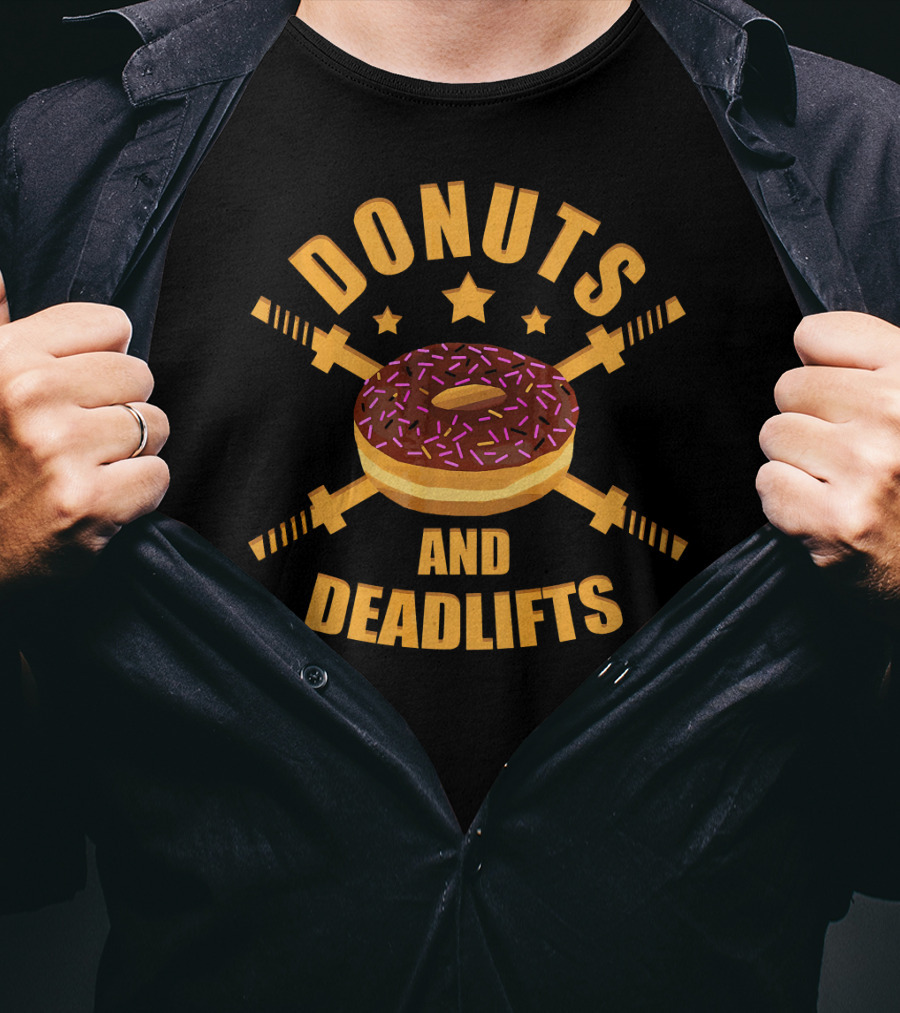 Donuts And Deadlifts Funny Workout Doughnut With Barbell Crossed T-Shirt