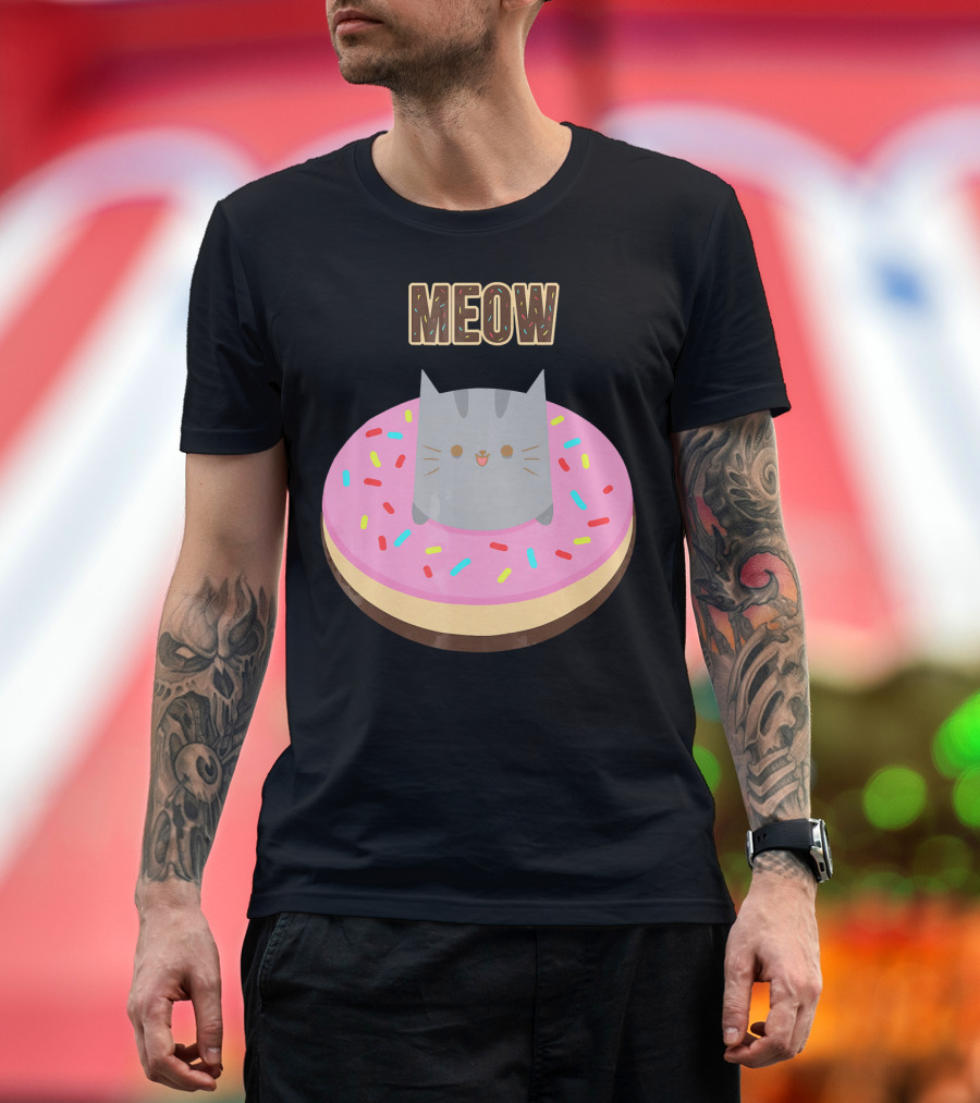 MEOW Adorable Cat Sitting in Colorful Donut T-Shirt