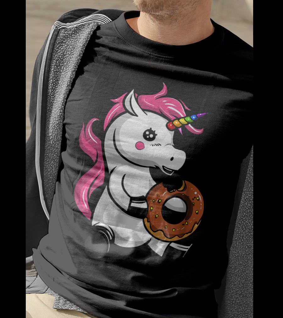Magical Unicorn With Rainbow Horn Enjoying Chocolate Donut T-Shirt