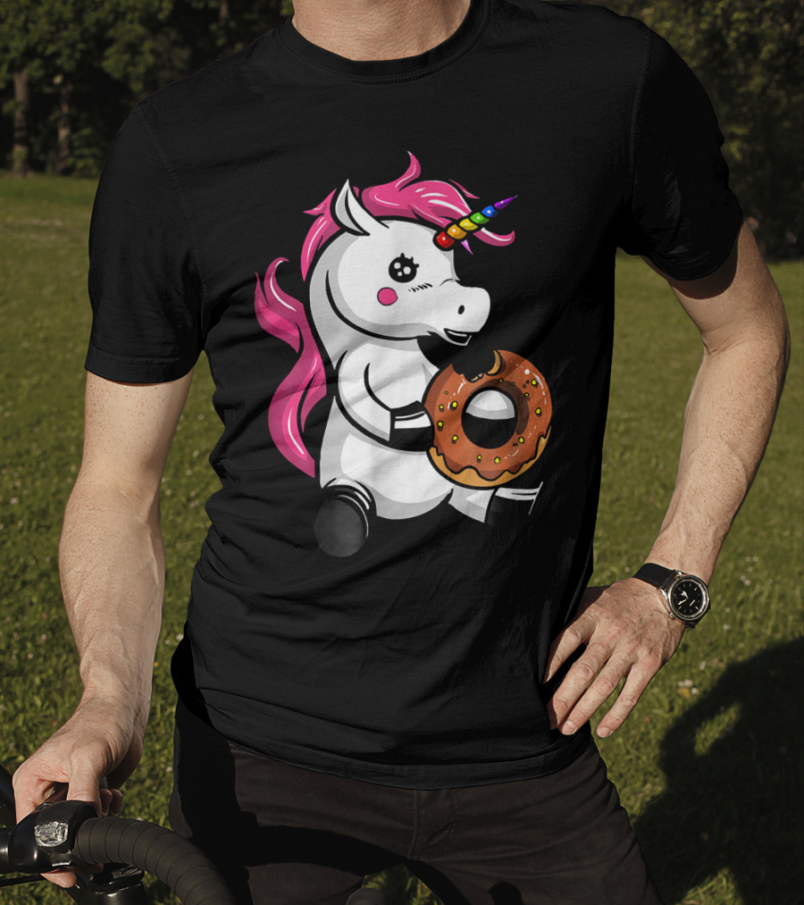 Magical Unicorn With Rainbow Horn Enjoying Chocolate Donut T-Shirt