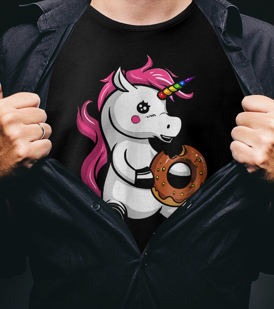 Magical Unicorn With Rainbow Horn Enjoying Chocolate Donut T-Shirt