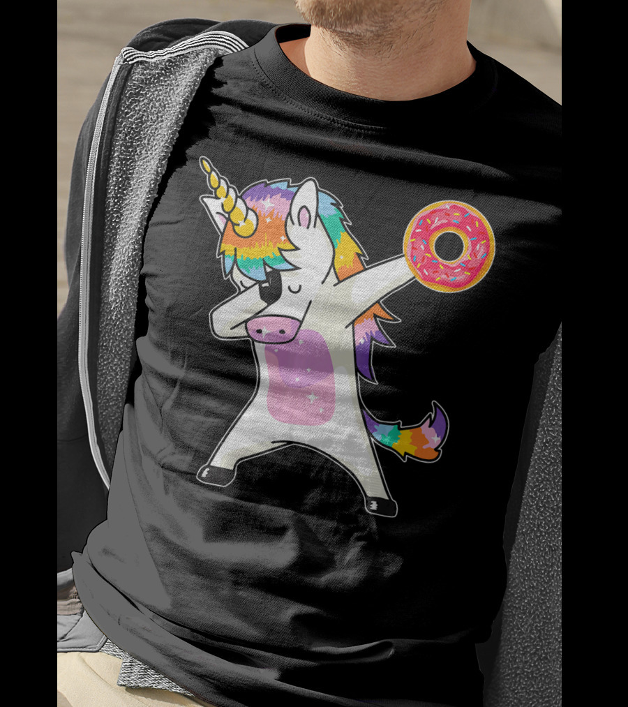 Cute Dabbing Rainbow Unicorn Holding Doughnut Donut T-Shirt