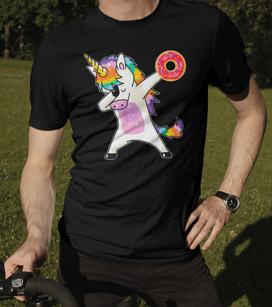 Cute Dabbing Rainbow Unicorn Holding Doughnut Donut T-Shirt
