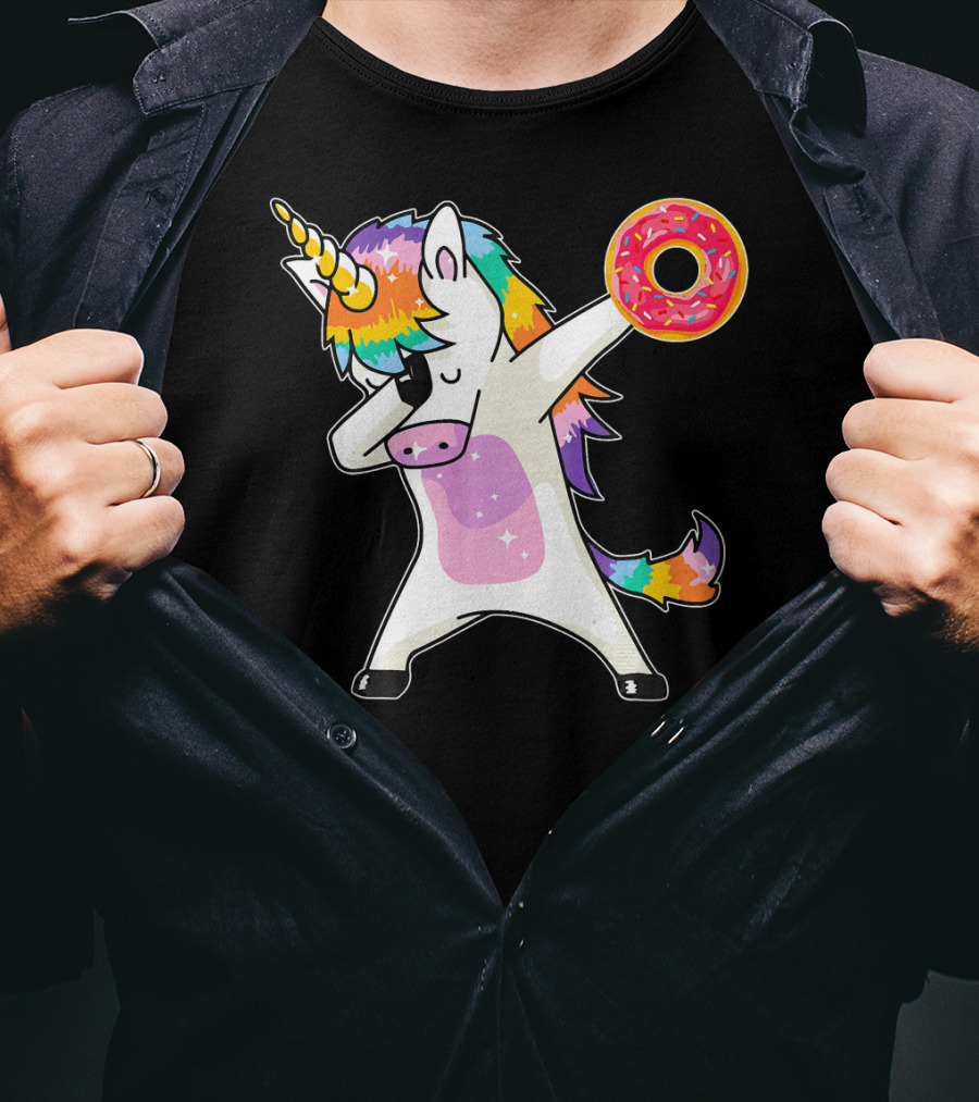 Cute Dabbing Rainbow Unicorn Holding Doughnut Donut T-Shirt
