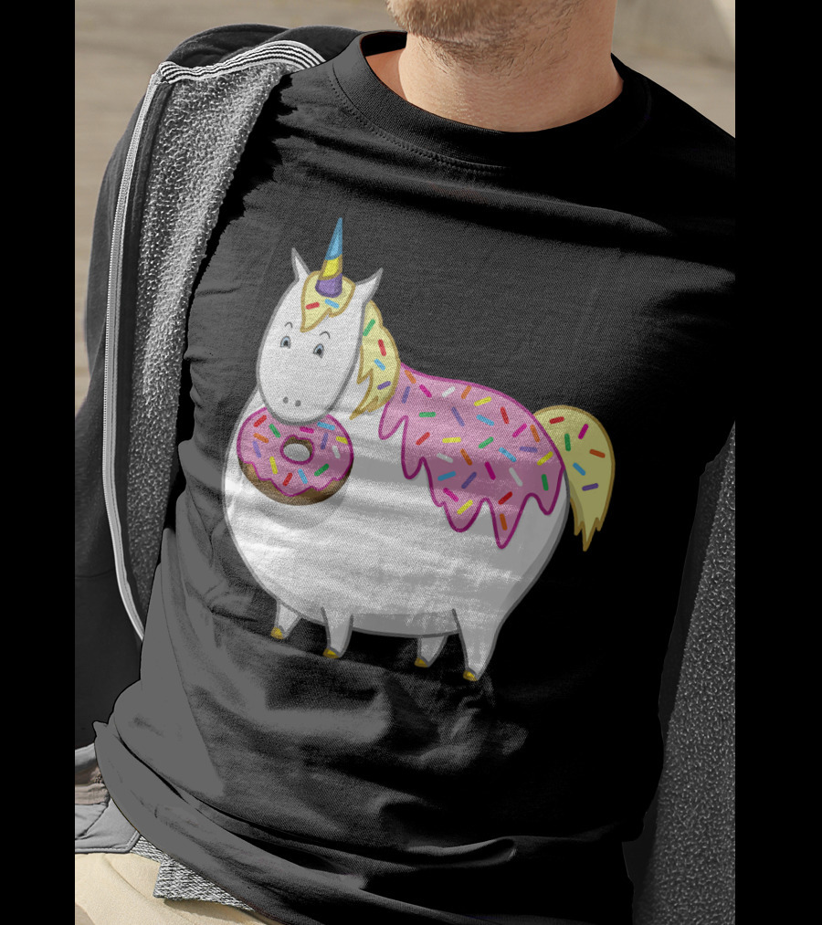 Funny Cute Fat Unicorn With Pink Frosting Doughnut T-Shirt