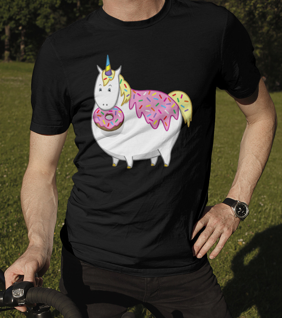 Funny Cute Fat Unicorn With Pink Frosting Doughnut T-Shirt