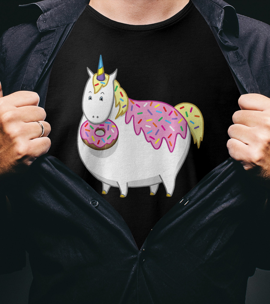 Funny Cute Fat Unicorn With Pink Frosting Doughnut T-Shirt