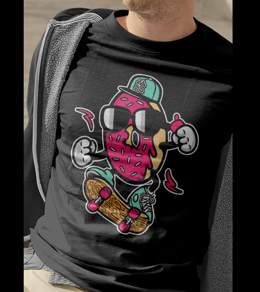 Cute Funny Unique Donut Skateboard Car With NY Hat T-Shirt