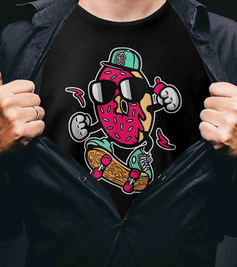 Cute Funny Unique Donut Skateboard Car With NY Hat T-Shirt