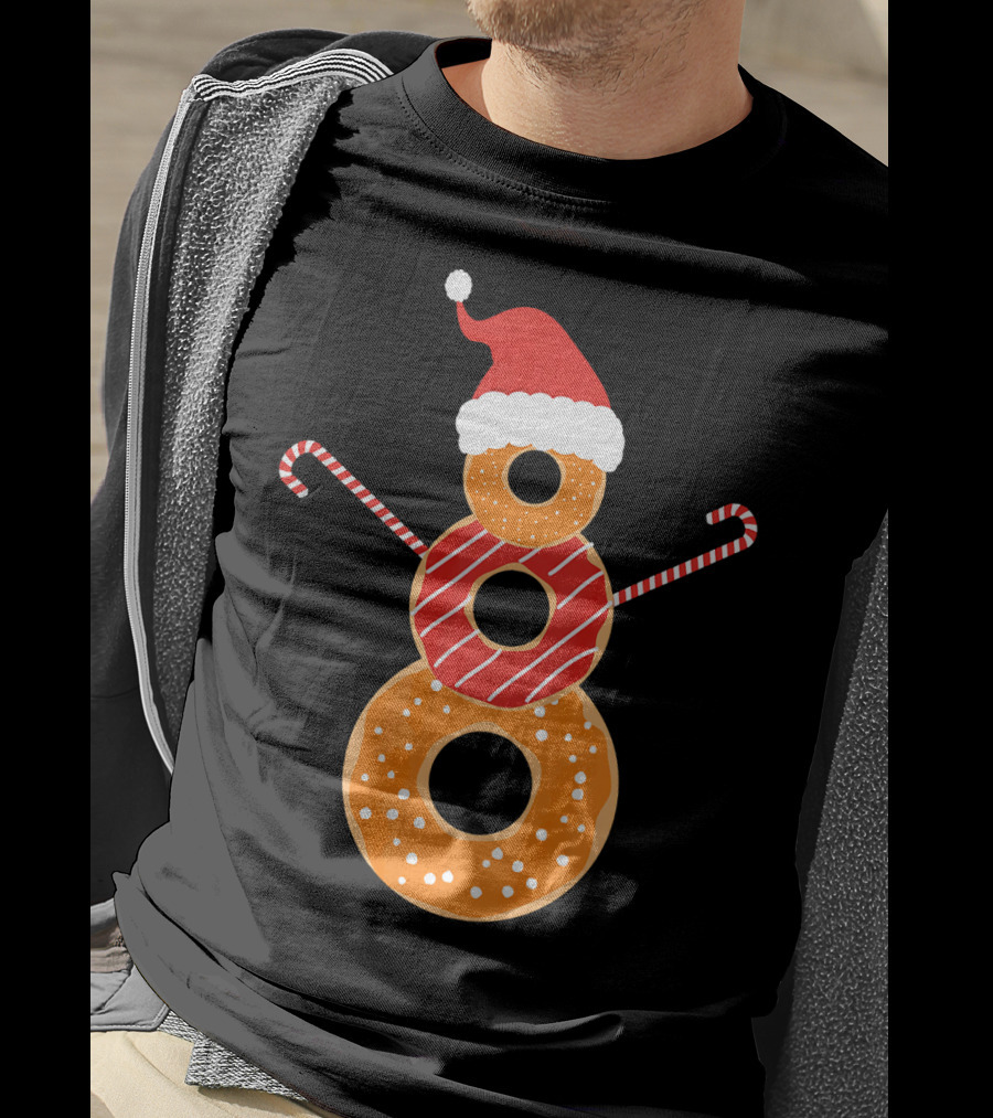 Santa Hat Donuts Doughnut Snowman With Candy Cane Arms T-Shirt