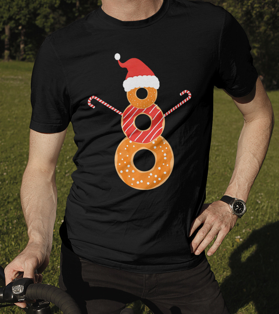 Santa Hat Donuts Doughnut Snowman With Candy Cane Arms T-Shirt