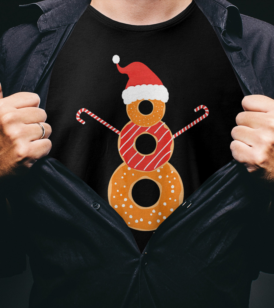 Santa Hat Donuts Doughnut Snowman With Candy Cane Arms T-Shirt